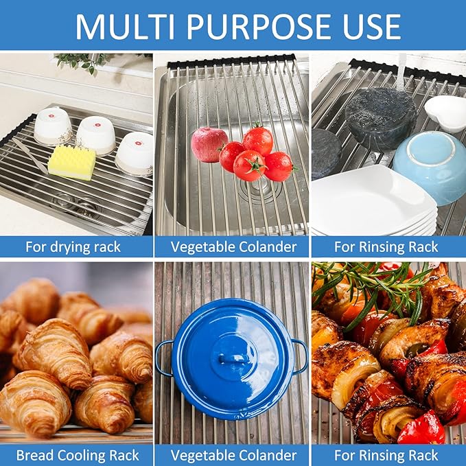 Ahyuan Roll Up Dish Drying Rack Multipurpose Kitchen Dish Rack Roll Over The Sink Dish Drying Rack Portable Rolling Dish Drainer For Kitchen Sink RV Accessories (Black, 17.7''X11.2'')