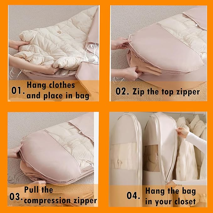 Space Saving Hanging Garment Bag with Self Compression Zipper, Suit Cover Bags, Heavy Duty Jackets & Parkas Storage, Dust Cover, Closet Organizer for Storage (Beige,L)