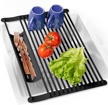 BELLE TERRE Multipurpose Roll-Up Dish Drying Rack - Silicone Wrapped, Heat-Resistant, Anti-Slip - Perfect for Small Kitchen Sink, 17" x 13"