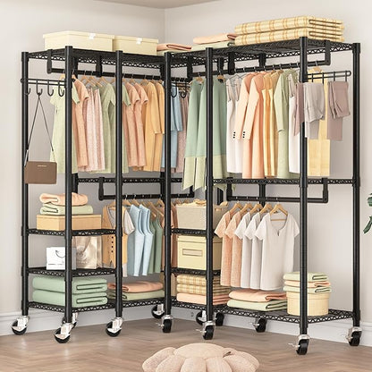 Rolling Heavy Duty Clothes Racks for Hanging Clothes, Portable Garment Clothing Rack with Shelves Double Rods and Side Hooks, Freestanding Wardrobe Closet Organizer Storage, 45"X17.1"X76.4"