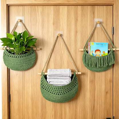 3 Tier Hanging Fruit Baskets for Kitchen, Boho Cotton Rope Handwoven Vegetable Hammock Produce Storage Wall Mounted Large Organizing Basket for Farmhouse Decor, Over The Door, Onion, Potato (Green)