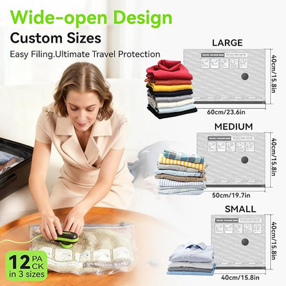 VACKFOX 12 Pack Travel Vacuum Bags for Clothing with USB and TYPE C Pump, Compression Seal Packing Cubes for Luggage Suitcase Backpack,Carry-on Size Space Saver Storage Bags for Vacation Cruise（Green）