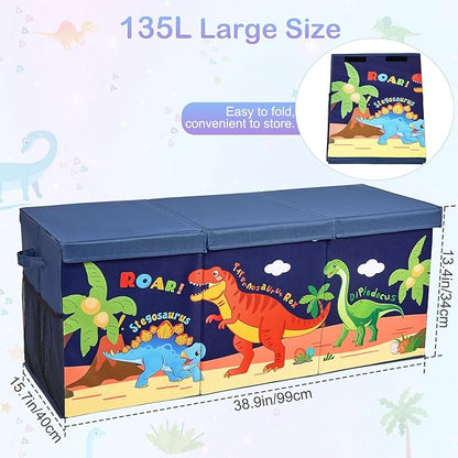 Unicorn Castle Toy Box with Adjustable Divider Toy Chest Storage Large Toy Storage Organizer Bin Collapsible with Lid Pockets for Nursery Playroom,Dark Blue Dinosaur