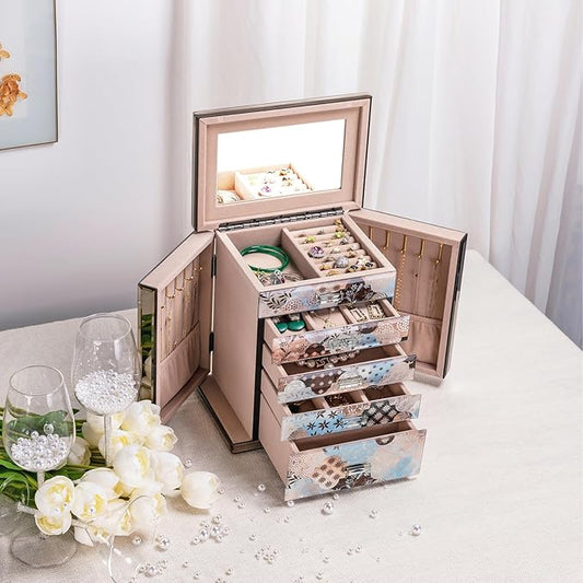 Homruilink High End Glass Jewelry Box - 5 Layer Jewelry Organizer with 2-Sided Doors and Mirror - Velvet-Lined Organizer For Ring, Necklace, Earring, Bracelet Storage - Gift For Women