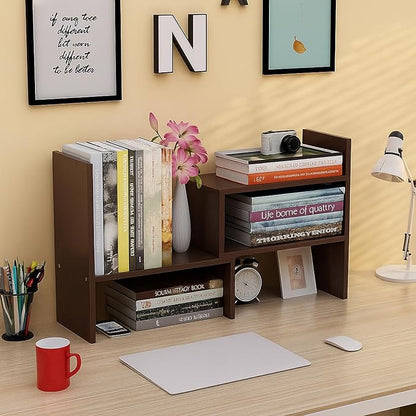 Desktop Shelf Organizer, Adjustable Wood Office Storage Rack, Counter Display Small Bookshelf for Home/Office/School(Dark Walnut)