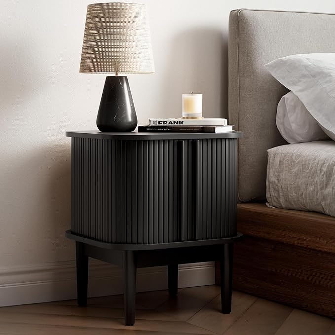 Fluted Nightstand with Sliding Doors, Modern Bedside Table with Solid Wood Legs, Wood Night Stand for Bedroom, Black