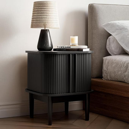 Fluted Nightstand with Sliding Doors, Modern Bedside Table with Solid Wood Legs, Wood Night Stand for Bedroom, Black