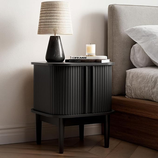 Fluted Nightstand with Sliding Doors, Modern Bedside Table with Solid Wood Legs, Wood Night Stand for Bedroom, Black