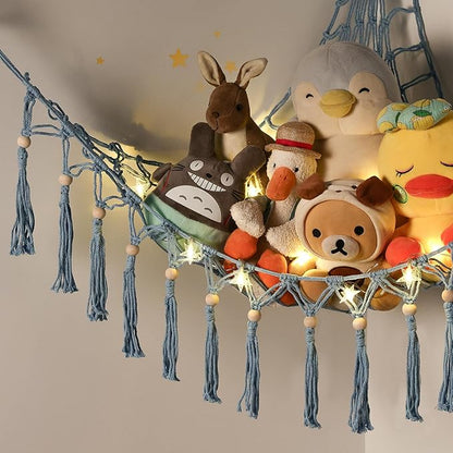 Stuffed Animal Toy Storage Hammock with LED Light-Macrame Jumbo Doll Room Organizer Mesh Decoration-Hanging Storage Nets Kids Bedroom(Blue Beads)