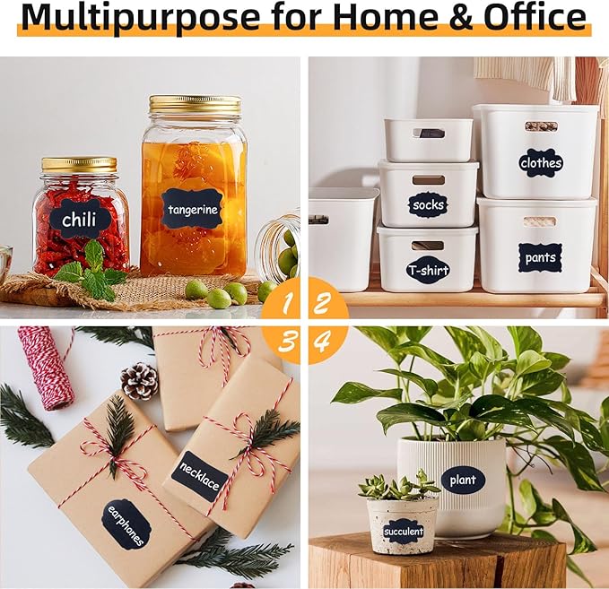 360Pcs Chalkboard Labels – 2.1x1.4 Inch Reusable Blackboard Stickers with 2 White Erasable Chalk Markers, 12 Assorted Shapes, for Mason Jars, Food Containers, and Pantry Storage