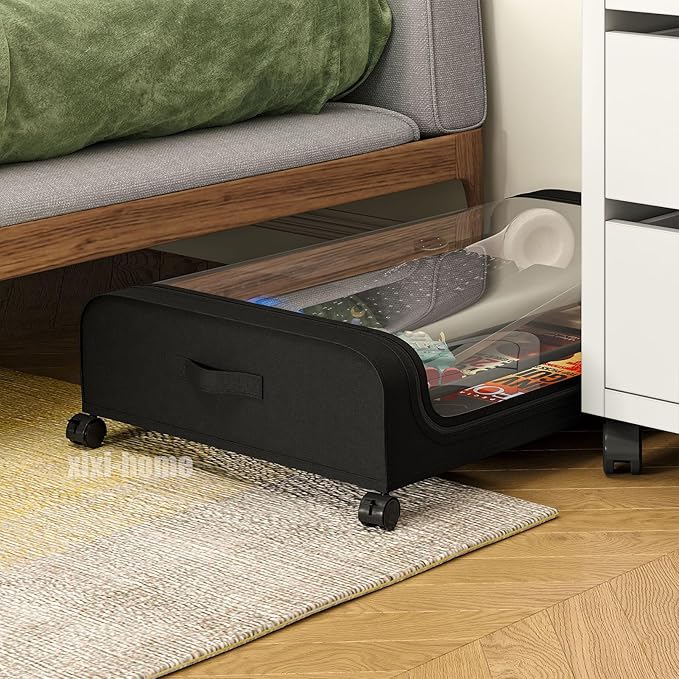 Under Bed Storage with Wheels,2 Pack Rolling Under bed Organizer Drawer with Clear Lids and Handles,UnderBed Storage Containers,Under Bed Organizer Bins for Clothes (Arc-shaped,Black)