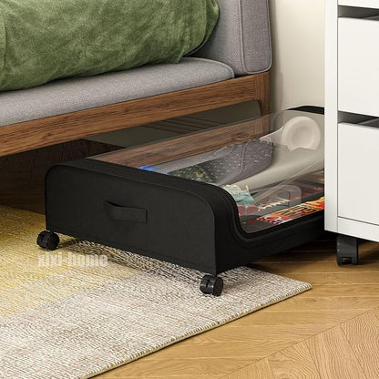 Under Bed Storage with Wheels,2 Pack Rolling Under bed Organizer Drawer with Clear Lids and Handles,UnderBed Storage Containers,Under Bed Organizer Bins for Clothes (Arc-shaped,Black)