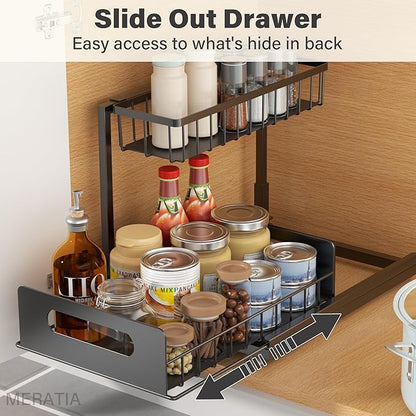 Under Sink Organizer, 2 Tier Pull Out Cabinet Organizer,Slide out Metal Cabinet Organizers Multi-Purpose Drawer Shelf for Kitchen Bathroom Pantry Cabinet Closet Organization Rack,Black