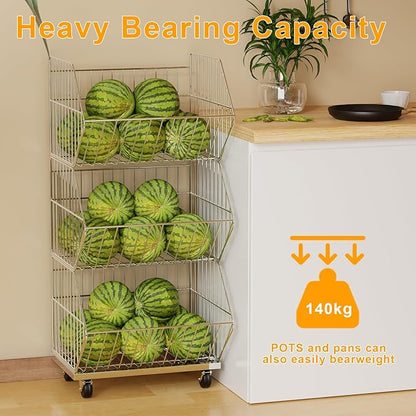 Heavy Duty Standing Metal Shelving Unit, Wire Storage Basket with Wheels, Folding Shoe Racks, Clothing Sweaters Shoes Handbags Organizer for Kitchen Garage Pantry Porch (3-Tier with Base)