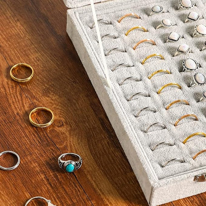 Frebeauty Ring Organizer Tray 100 Slots Ring Holder with Clear Lid Velvet Storage Box Jewelry Tray for Jewelry Store Earring Display Case for Jewelry Show Studs Box for Women(Grey)