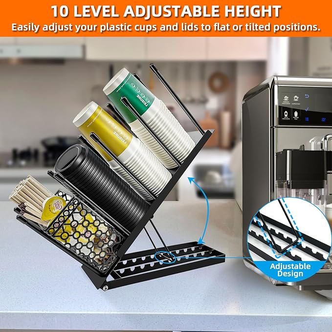Coffee Cup and Lid Holder with Straw Holder/Coffee Clean Brush, Metal Adjustable Bar Organizer 4 Compartment Cup Dispenser Organizers for Station Home Countertop Bar Breakroom (Black)