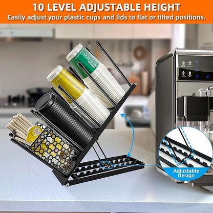Coffee Cup and Lid Holder with Straw Holder/Coffee Clean Brush, Metal Adjustable Bar Organizer 4 Compartment Cup Dispenser Organizers for Station Home Countertop Bar Breakroom (Black)