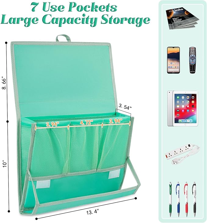 Retyion Bedside Caddy Bedside Storage Organizer Bedside Organizer with Power Strip Holder and 2 Adjustable Straps for Home Bunk Bed College Dorm Sofa (Green)