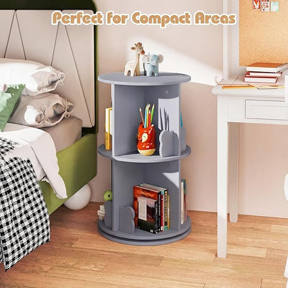 Costzon Kids Rotating Bookshelf, 2 Tier Small Book Shelf with Bookends, 360° Display Spinning Bookshelf Tower, Corner Bookshelf for Small Space, Kids Room, Bedroom, Nursery (Grey)