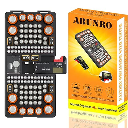 Battery Organizer Storage Case with Tester, Stores & Protects Up to 136 Batteries, Holds AAA AA C D 9V Button Cell with Clear Locking Lid for Home & Garage (Holds 136 Batteries)