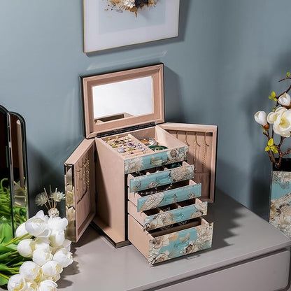 Homruilink High End Glass Jewelry Box - 5 Layer Jewelry Organizer with 2-Sided Doors and Mirror - Velvet-Lined Organizer For Ring, Necklace, Earring, Bracelet Storage - Christmas Gift For Women