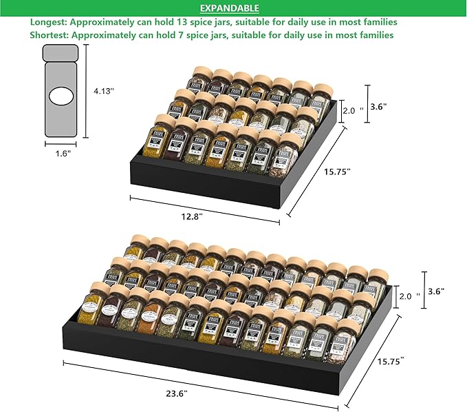 Wobmmi Expandable Metal Spice Drawer Organizer,3-Tier Slanted Seasoning Jars Tray for Kitchen Cabinet Drawers Insert/Countertop (Jars not included)-3Tier,2packs/Black