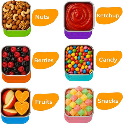 MHB 6-Pack 6oz Stainless Steel Snack Containers,Easy Open Leak-Proof Food Storage with Silicone Lids, Stackable Metal Lunch Box,Small Snacks Containers Portable Travel & Picnic, Fruit-Designed Lid