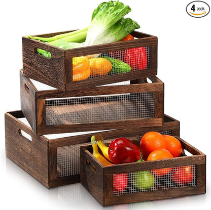4 Pcs Wooden Nesting Countertop Baskets 4 Size Wooden Storage Box with Handle and Metal Wire Multipurpose Wood Organizer Crate for Fruit Vegetable Kitchen Cabinet Bathroom (Dark Brown,Big)