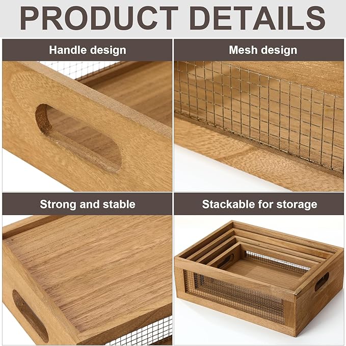 4 Pcs Wooden Nesting Countertop Baskets 4 Size Wooden Storage Box with Handle and Metal Wire Multipurpose Wood Organizer Crate for Fruit Vegetable Kitchen Cabinet Bathroom(Dark Brown,Small)