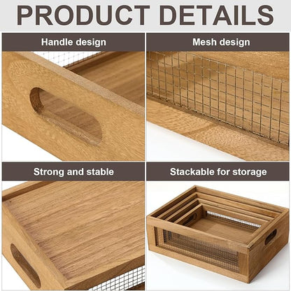 4 Pcs Wooden Nesting Countertop Baskets 4 Size Wooden Storage Box with Handle and Metal Wire Multipurpose Wood Organizer Crate for Fruit Vegetable Kitchen Cabinet Bathroom(Dark Brown,Small)