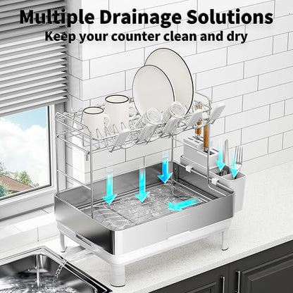 Ewaiira Large Dish Drying Rack, 304 Stainless Steel Dish Racks for Kitchen Counter, Automatic Drainage Spout, Rustproof Kitchen Dish Drainers with Drainboard, Utensil Holder & Glass Holder, White
