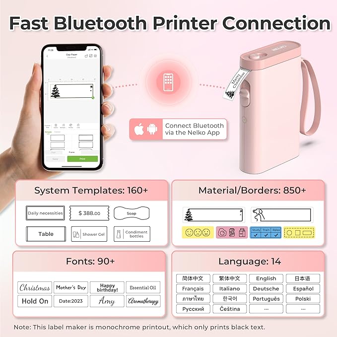 Nelko Label Maker Machine with Tape, P21 Bluetooth Label Printer with 3 Tapes & Case, Wireless Mini Label Makers with Multiple Templates Icon Font Custom for School Office Home, Pink