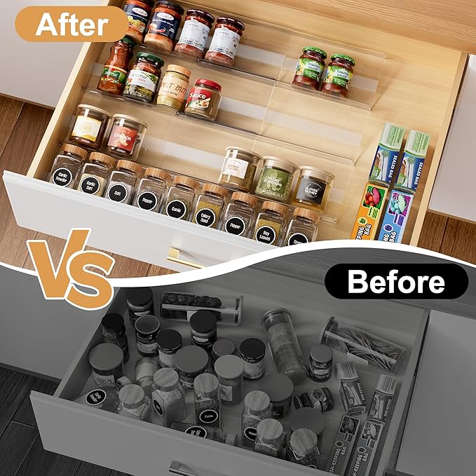 Brippo 8-Pack Spice Drawer Organizer, Expandable Acrylic Seasoning Rack (13" to 26") with Anti-Slip Mat, Kitchen Spice Rack Drawer Holds up to 56 Jars (Jars Not Included)