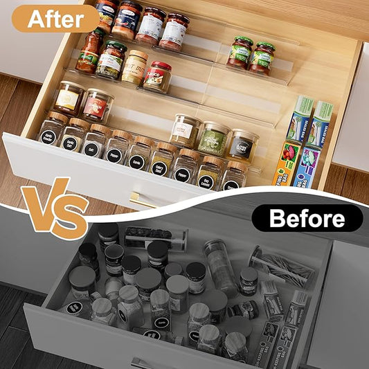 Brippo 8-Pack Spice Drawer Organizer, Expandable Acrylic Seasoning Rack (13" to 26") with Anti-Slip Mat, Kitchen Spice Rack Drawer Holds up to 56 Jars (Jars Not Included)