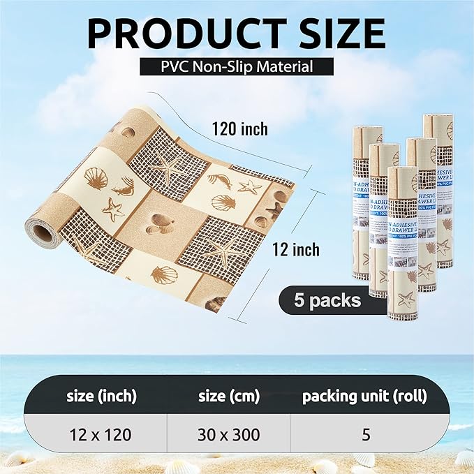 FIFTY FEET 12X120 Inch Shelf Liner for Kitchen Cabinets, PVC Drawer Liner for Dresser Non-Slip Bathroom, Non-Adhesive Cabinet Liner Washable (Beach)(5 Roll)