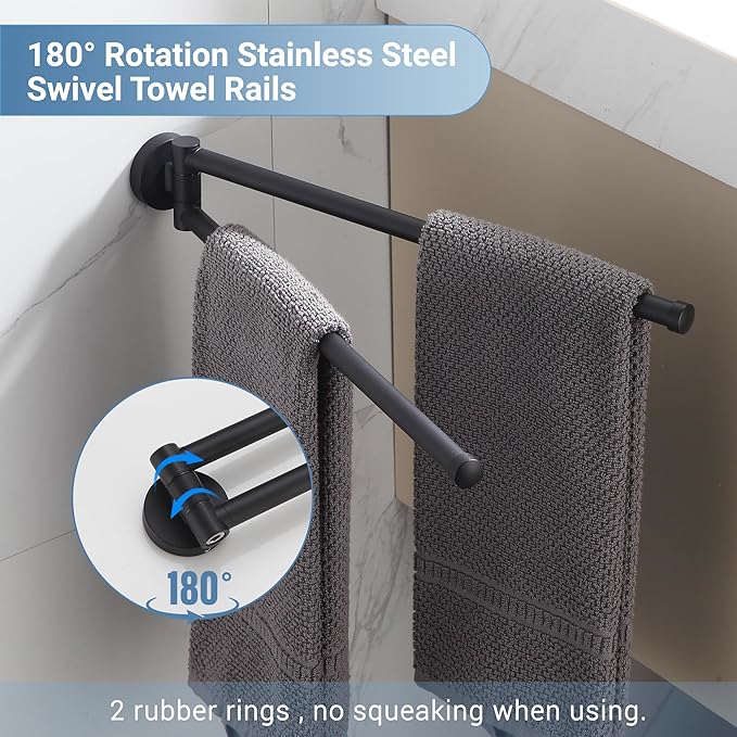 BGL Swivel Towel Bar for Bathroom Matte Black,Swing Out Double Towel Bar 2-Arm Kitchen Wall Mounted Towel Hanger Holder for Bathroom Organizer