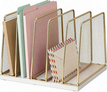 Gold Desk File Organizer, 5-Section Upright File Sorter, Vertical File Folder Holder, Mesh Metal Wood Office Desktop Organization for Document, Magazine, Books and more (White and Gold)