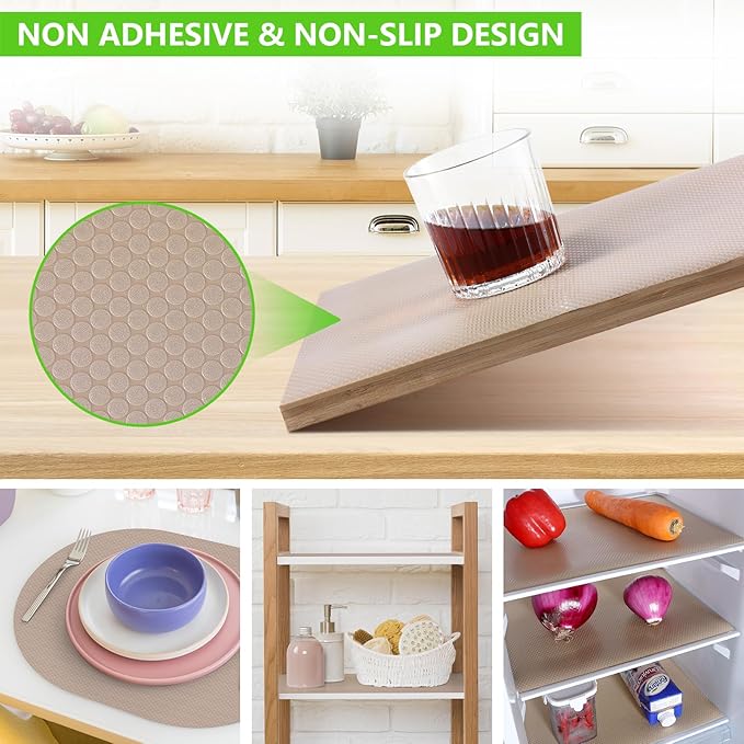 Beige Shelf Liners for Kitchen Cabinets Non Adhesive Drawer Liner for Bathroom Waterproof Refrigerator Liners for Shelves Fridge Plastic Mats Cabinet Cupboard Liner 17.5 x 236.2 Inches x 2 Rolls