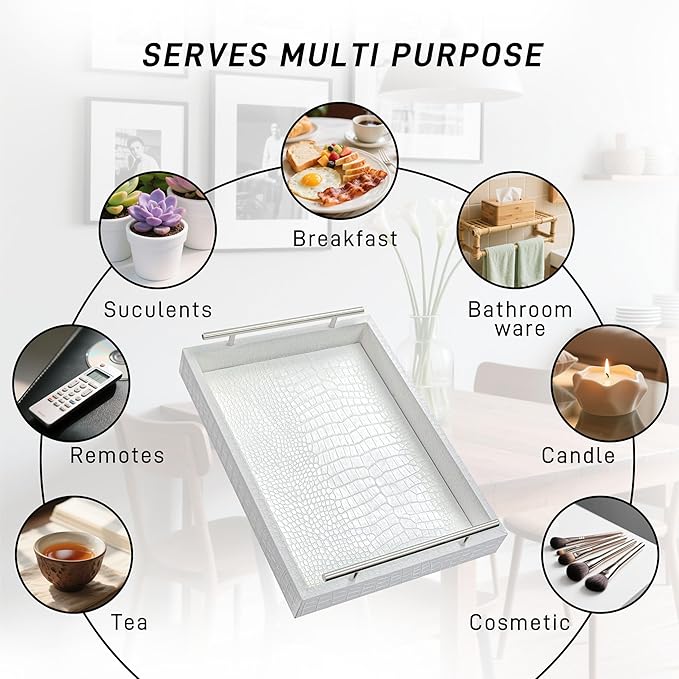 White Leather Serving Tray with Silver Handles, Rectangular Tray for Coffee Table, Ottoman, Alligator Faux Leather, Decorative Trays for Home Decor, for All Occasions, 16" x 12"