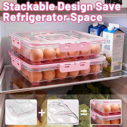 Deviled Egg Containers with Lid, 2 Pack Thick Clear Plastic Deviled Carrier with Handle Storage 48 Eggs, Stackable Egg Holder Portable Tray Platter for Fridge, Travel, Party-Pink