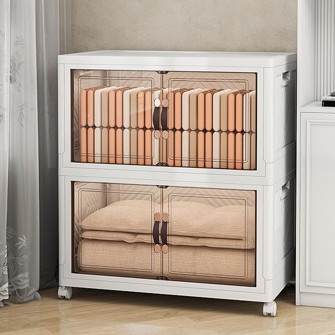 Vavkorkula Storage Bins with Lids and Wheels, 330QT-165QT*2Tier Collapsible Bathroom Storage Cabinet with Clear Doors, Plastic Stackable Closet Organizers and Containers White