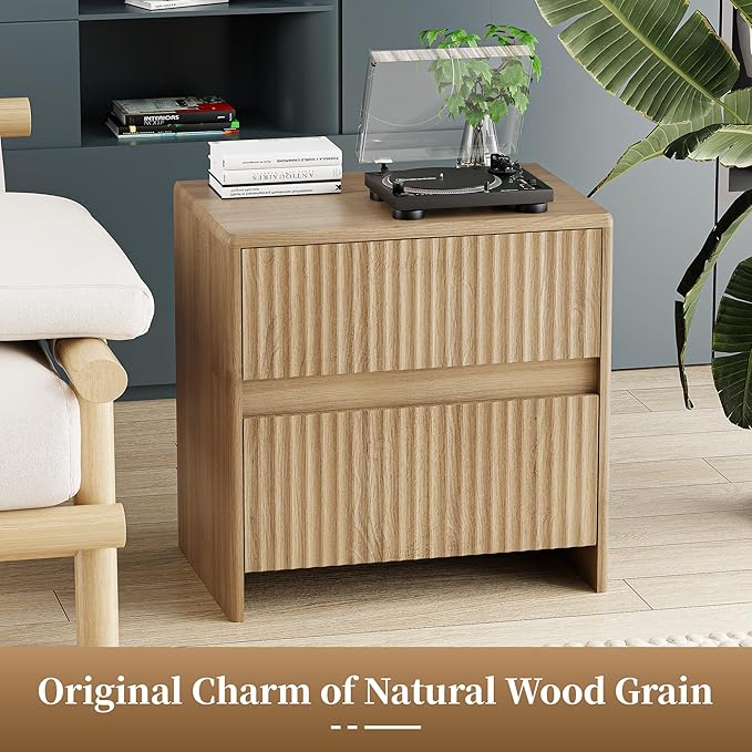 HOCAT Fluted Nightstand, 23" Wood Bedside Table with 2 Storage Drawers, Oak Modern Night Stand for Bedroom, Office, Oak