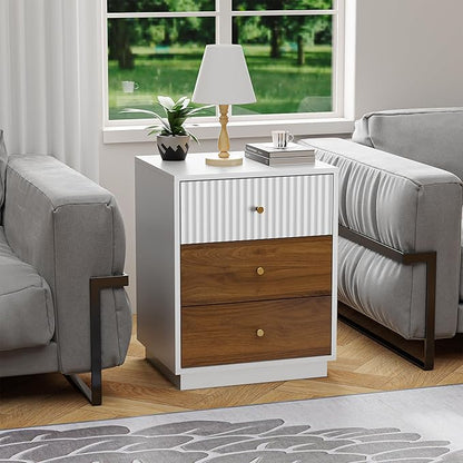 23.6" Set of 2 Tall Night Stand with 3 Storage Drawers, Fluted Nightstand with Metal Handles, Modern End Table Bedside Table Chest for Bedroom, White and Natural