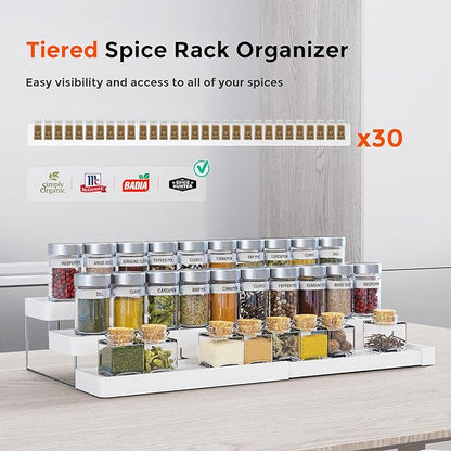 Expandable Spice Rack Organizer for Cabinet - 3 Tier Adjustable Cabinet Spice Organizer Easy Visibility - Spice Organizer for Cabinet Countertop Cupboard Pantry Organization (White)