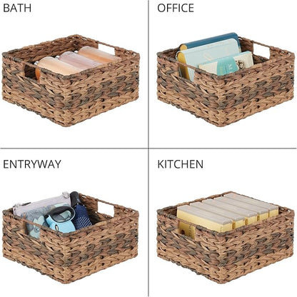 mDesign Woven Farmhouse Kitchen Pantry Food Storage Organizer Basket Bin Box - Container Organization for Cabinets, Cupboards, Shelves, Countertops - Store Potatoes, Onions, Fruit, 3 Pack, Brown Ombre