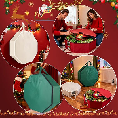 Wreath Storage Christmas Garlands Bag with Interior Pockets Large Xmas Container Box for Holiday Decorations Case with Zipper Handles Window Labeling Card Slot 24" Houndstooth