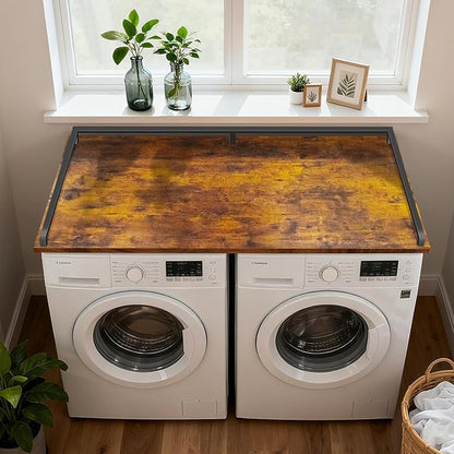 Washer Dryer Countertop, 27.5" D x 54" W Wood Washer Dryer Shelf Topper with 2.6" H Metal Edge and Anti-Skid Pads, for Laundry Room Storage and Organization, Folding Clothes(Brown)