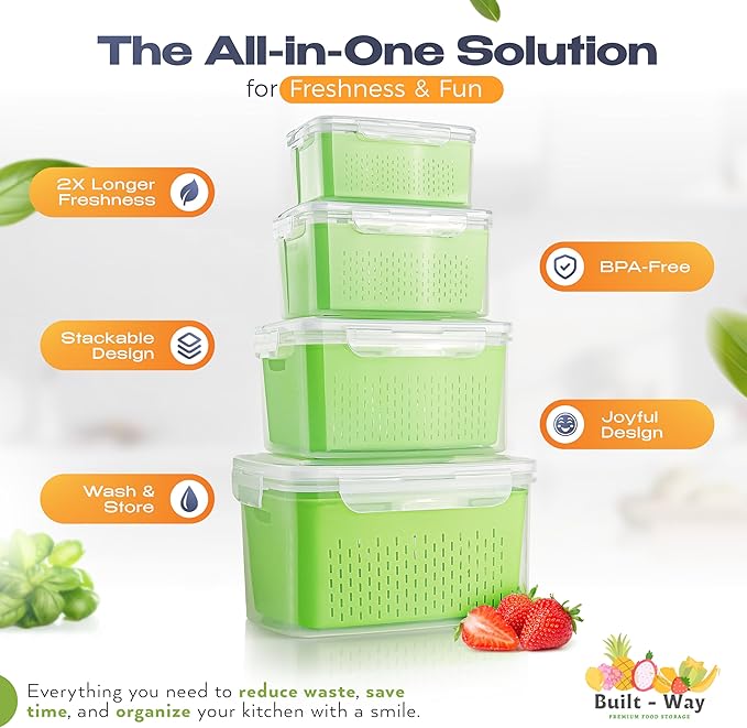 Built-Way Fruit Storage Smiley Containers for Fridge - Keep Fresh with BPA-Free Lids - Ideal Vegetable & Berry Organizer - 4 Pack Dishwasher Safe Produce Saver - Stackable Containers with Drain Tray