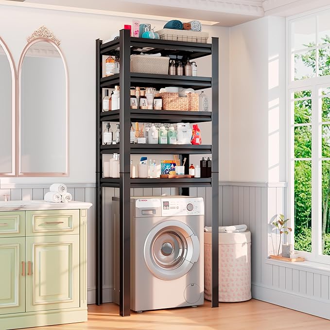 Over Washer and Dryer Shelves, 5 Tier Adjustable Metal Laundry Room Shelf, Sturdy and Spacious Organizer for Laundry Detergent, Supplies & More, 36''W*13''D*77.44''H, Black