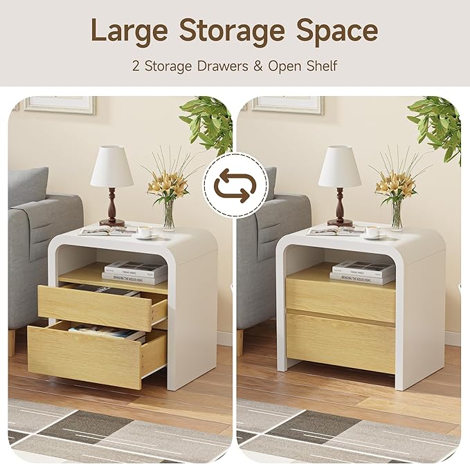 HOCAT 24 inches White Modern Nightstand, Bedside Table with Curved Anti-Collision Design, Large Night Stand with 2 Storage Drawers and Open Wood Shelf for Bedroom, Farmhouse Side Table, End Table